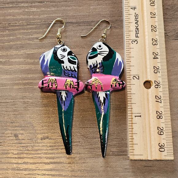Vintage Green Wooden Tropical Parrot Dangle Earrings - Picture 2 of 5